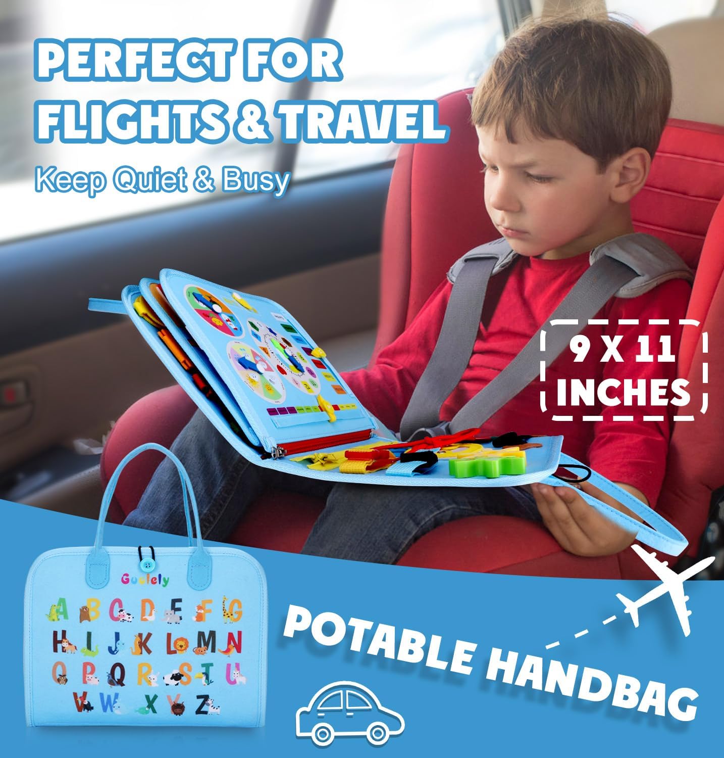 Guolely Busy Board Montessori Toys, Preschool Learning Activities Educational Toy - Busy Book Travel Sensory Toy for 1-6 Year Old Toddlers,Boys & Girls & Autistic (Sky-Blue Dinosaurs)