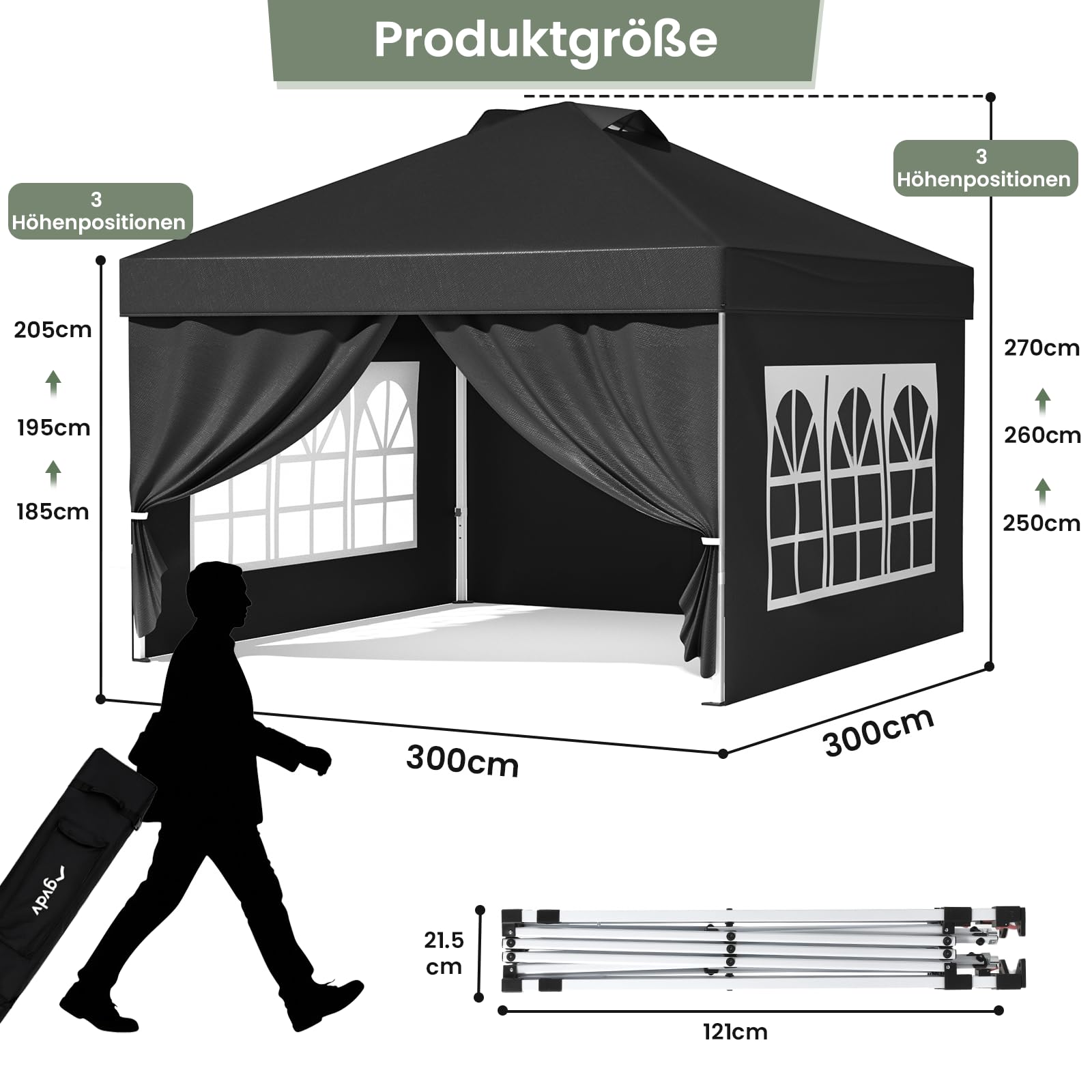GVDV Pavillon 3x3 Pop Up Wasserdicht mit 4 Seitenteilen, Rollentasche | UPF 50+, PU-beschichtetes Dach, Dachlüfter, höhenverstellbar, inkl. Gewichte, Heringe und Abspannseile, Winterfest, Schwarz