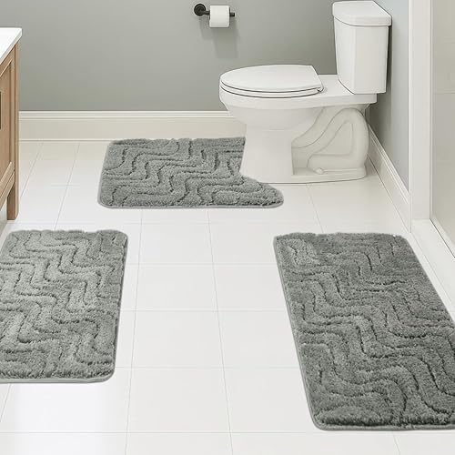 Miniatura 20 de Juego de 3 alfombras de baño suaves y absorbentes, peludas, suaves, antideslizantes, para ducha, bañera, lavable a máquina