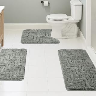 Bath Rugs Set 3 Pieces Bathroom Mat Soft Absorbent Plush Shaggy Soft Floor Non Slip Shower Bath Tub Machine Washable (Moss-Wave, 20"x32"/20"x20"/17"x24")