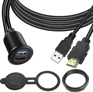 QIANRENON USB3.0 & HDMI Embedded Car Waterproof Cable USB3.0+HDMI 1.4 Threaded Fixed Mount Data Extension Cable, LED Light, Aluminum Housing, for Dashboard Car Boat Motorbike, 2M/6.5ft