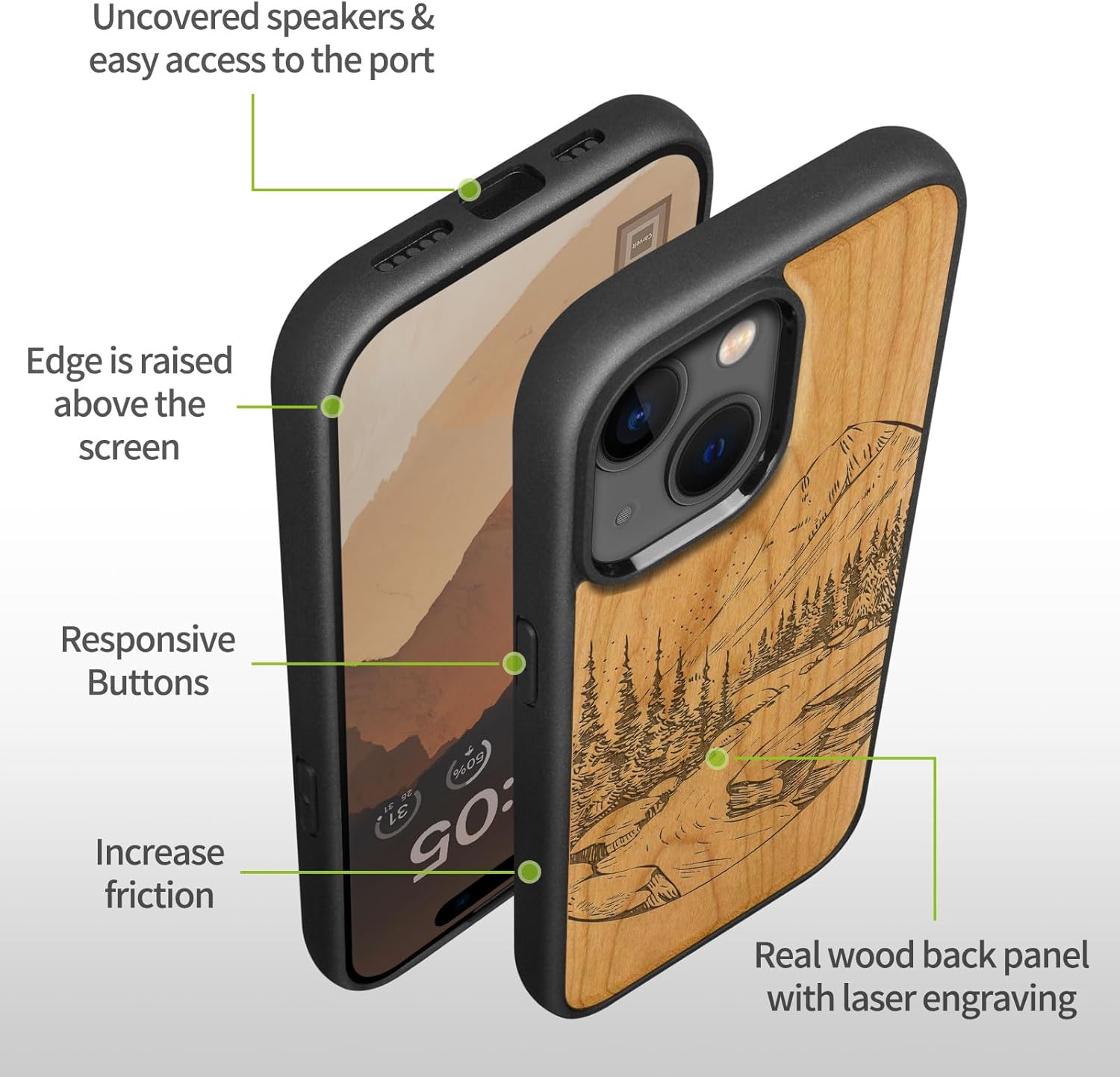 Carveit Magnetic Wooden Case for iPhone 15 Case, Compatible with MagSafe Wireless Chargers, Black Soft TPU Shockproof Cover & Wood Artisan Engraved (Lake and Mountain) - Cherry