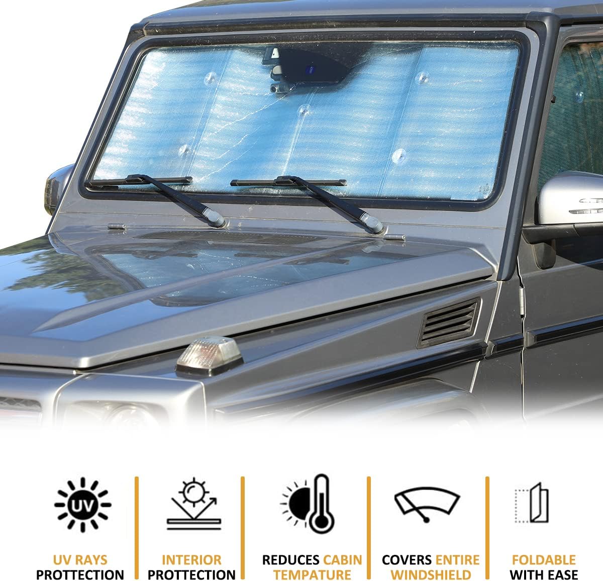 Car Windshield Sunshade for Benz G-Class W463 (2004-2018) G350/G400/G500/G63 AMG - Foldable Reflective Sun Visor Protector, UV Rays & Heat Shield, Custom Fit Front Window Sunshade (Silver)