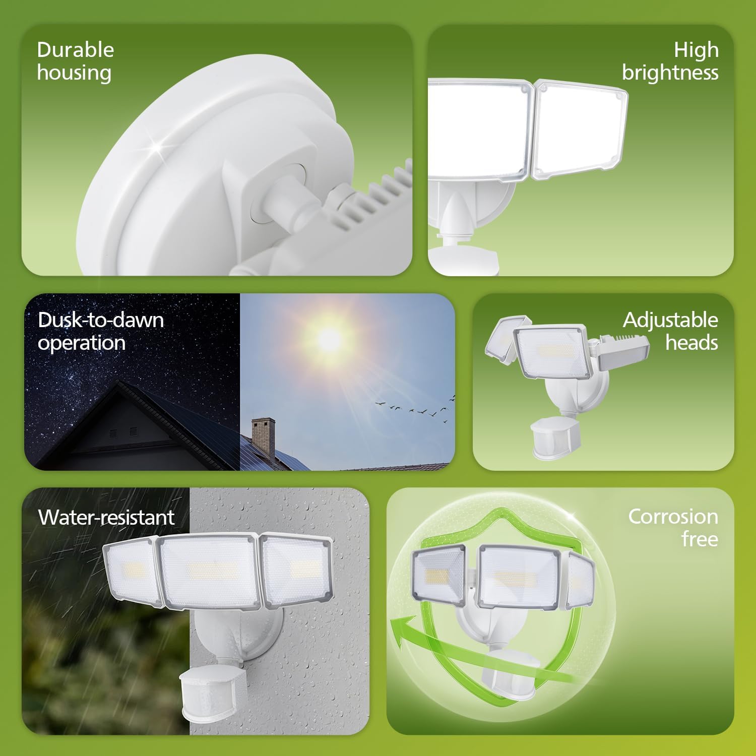 Diagram highlighting key features: durable housing, high brightness, dusk-to-dawn operation, adjustable heads, water-resistant, and corrosion-free construction.