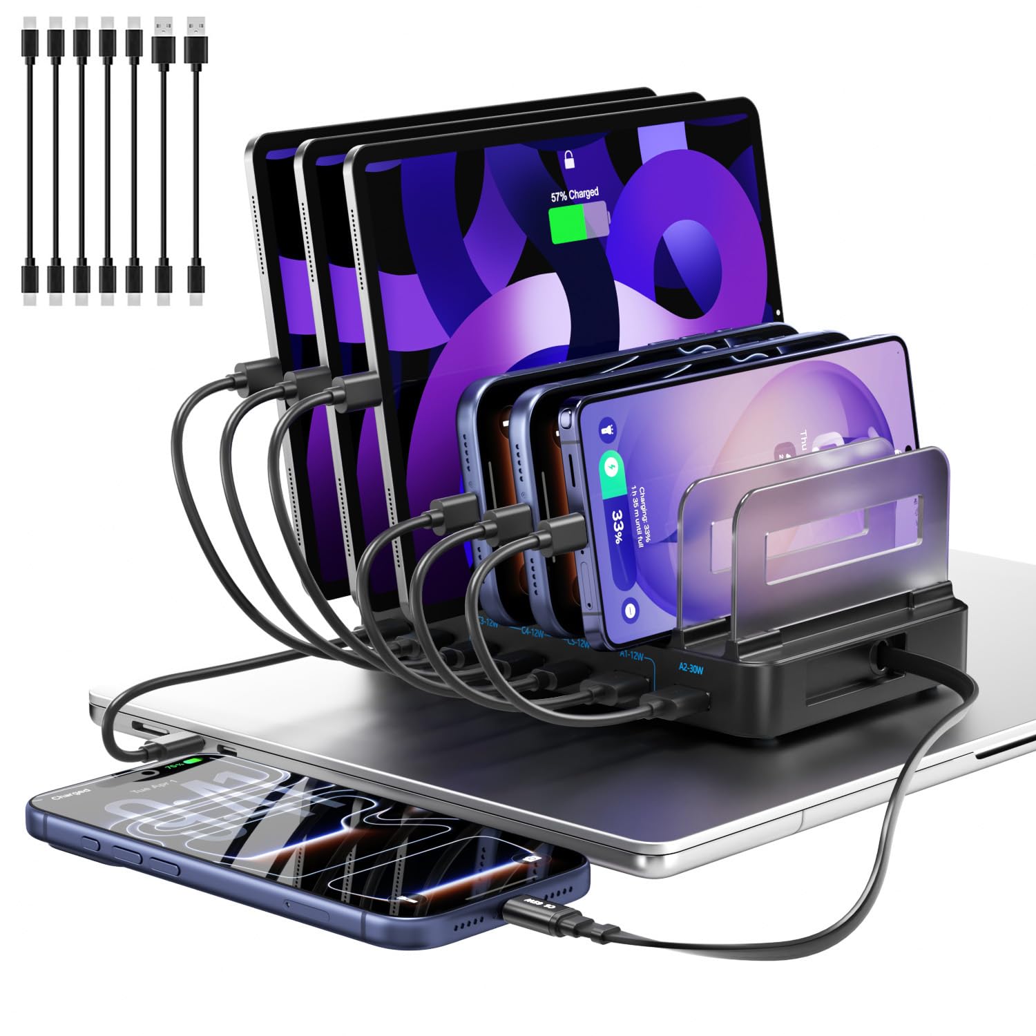 Station de Recharge USB 288W pour Plusieurs appareils, GaN PD 100W, 8 Ports USB-C, avec séparateurs réglables et 8 câbles, pour iPhone, iPad, Samsung, MacBook Pro/Air, Tablettes