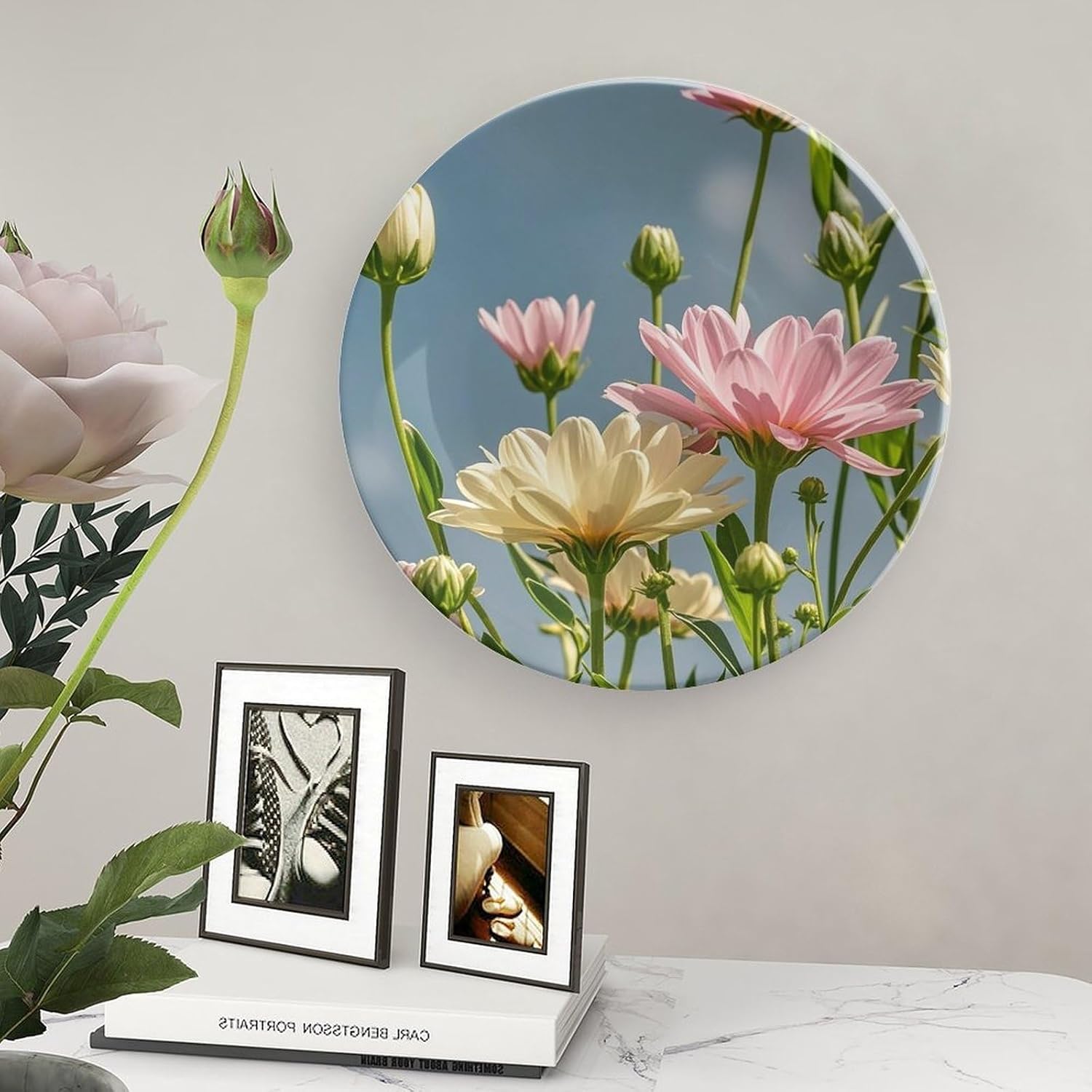 Free Growing Flowers Decorative Ceramic Plate Round Porcelain Plate Decor Personalized Bone China Decorative Plates Ceramic Ornaments Dessert Plates with Display Stand 8inch