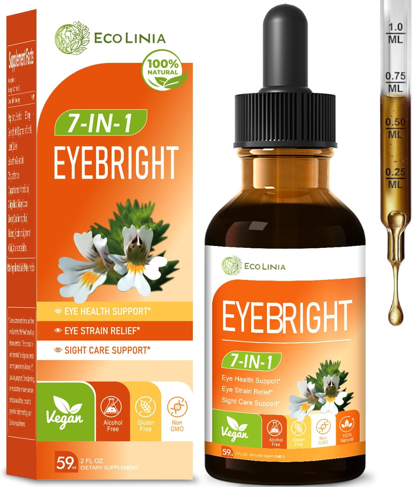 Eye Health Drop w/Eyebright Herb (Euphrasia Officinalis), Vision & Eye Support Supplement, All in 1 Formula w/Lutein Zeaxanthin & Blueberry Extract - Taken Orally Liquid Tincture. 2 oz