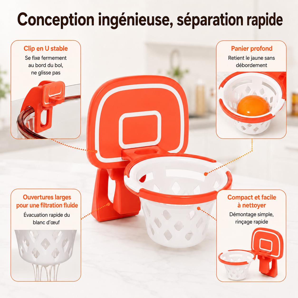Separateur Oeuf Jaune et Blanc Panier de Basket, séparateur d'œuf,filtre d'œuf Forme de Cadre de Basket-Ball, séparateur d'œuf en Plastique (Orange)