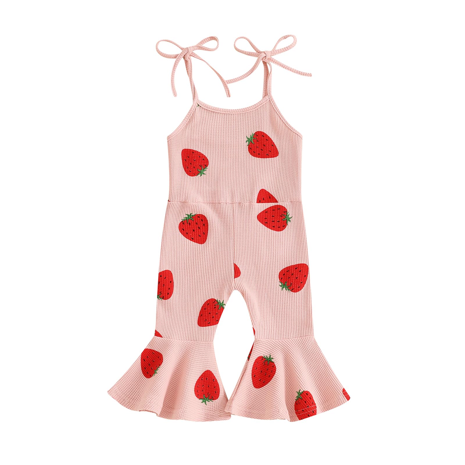 Toddler Girl Floral Flare Jumpsuit Baby Bell Bottom Romper Sleeveless Backless Overalls Summer Outfit(Strawberry,12-18 Months)