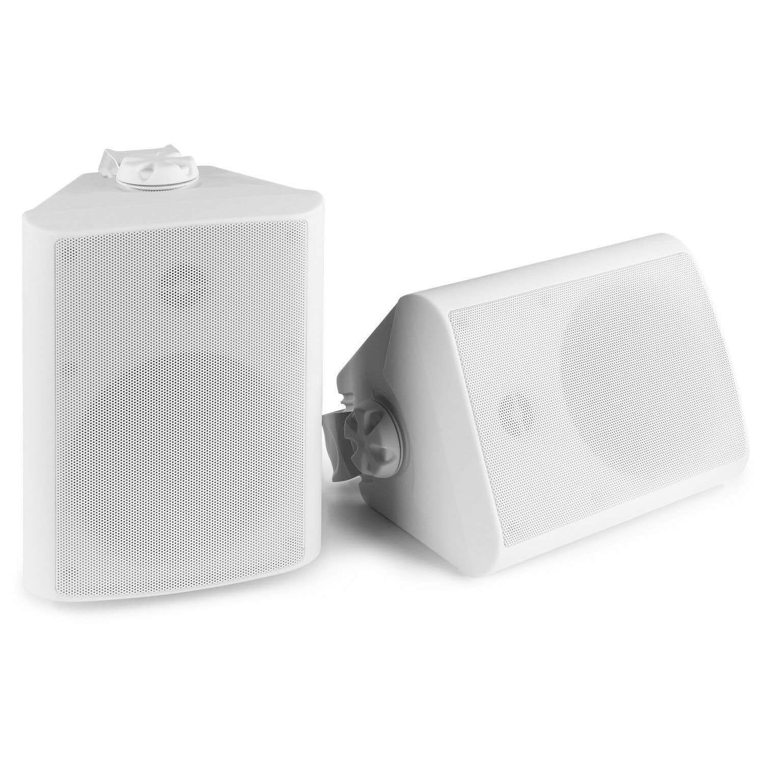 Power Dynamics Sistema de Sonido Profesional - 4 Altavoces Blancos, Bluetooth, USB, FM, Amplificador Integrado, Resistente al Agua IPX5, Soportes y Cables Incluidos, Ideal para Negocios y Hogar