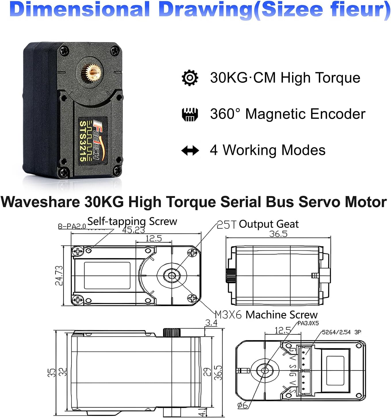 (2-Pack) FEETECH 30KG High Torque Serial Bus Servo Motor 12V, 360° Programmable Magnetic Encoder with Continuous Rotation, Two-Way Feedback, Industrial Digital Servo for Robotic Arm, RC Car, Automati