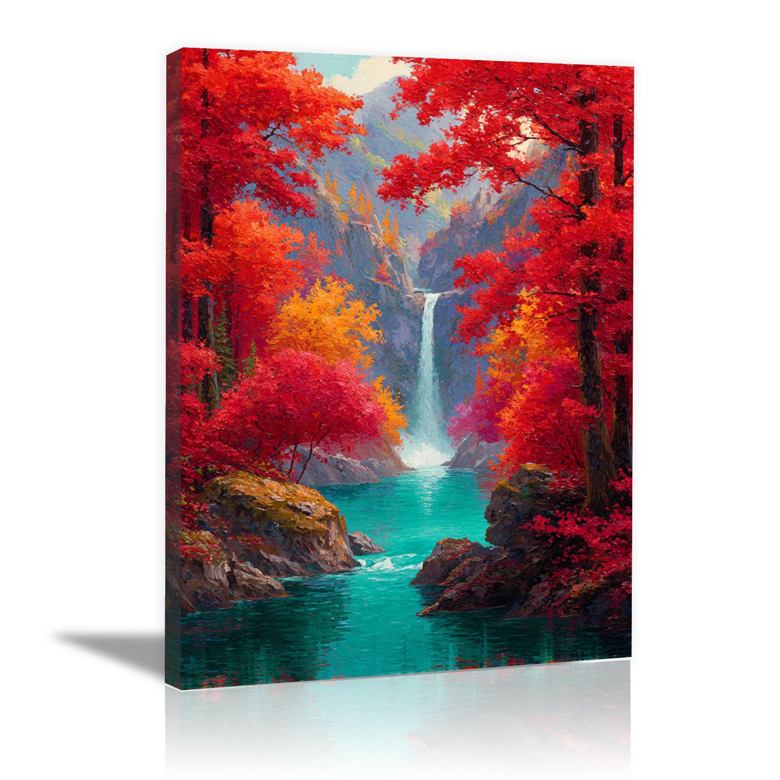 Teruea Red Romantic Blossom Paintings Plant Pictures Canvas Prints Crimson Woodland, Multi-Tier Waterfall & Mountain Vista Art Flower Modern Abstract Paintings Canvas Wall Art(Red)-20X30cm1 Framed