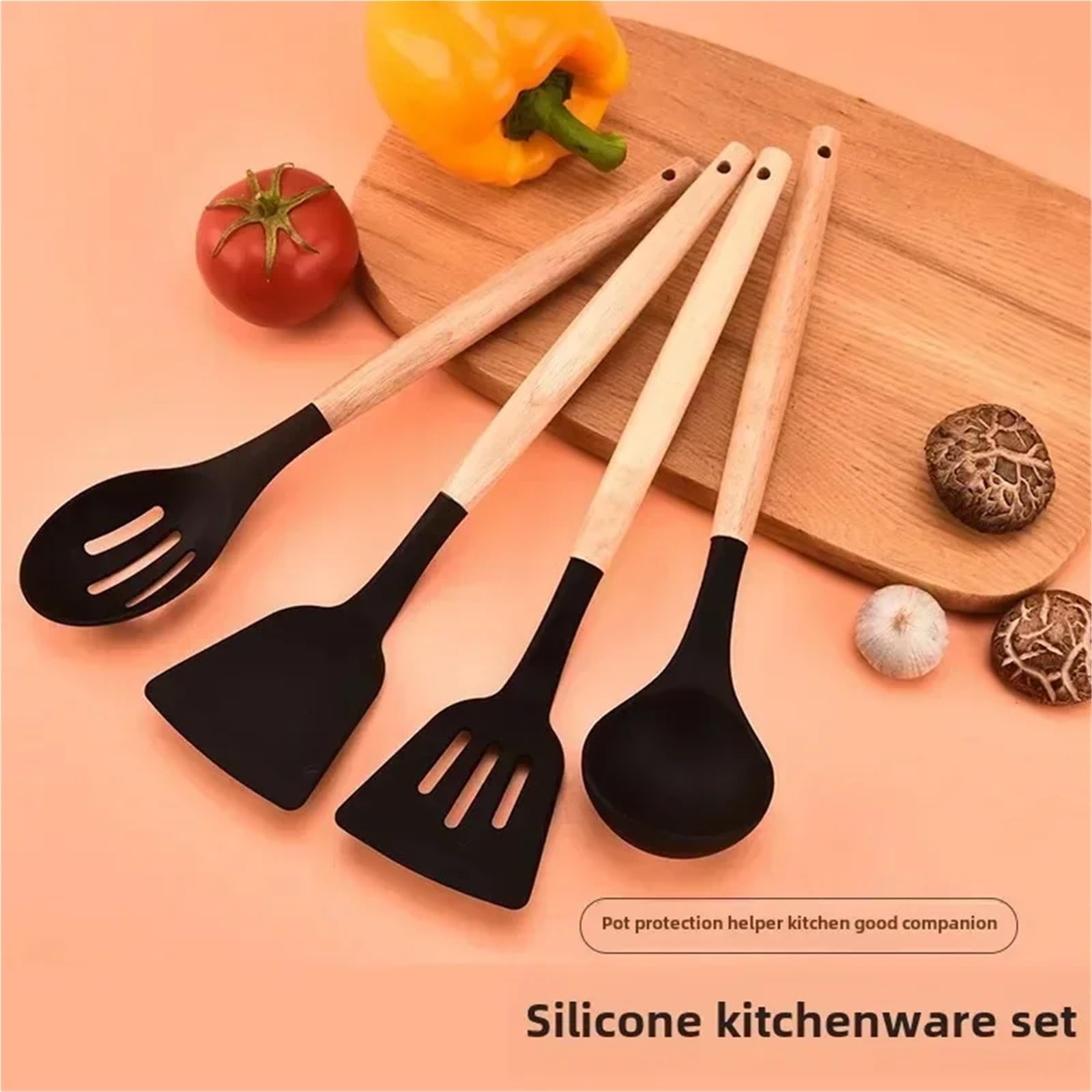 Ustensiles de Cuisine en Silicone, 12 pièces, Manche Bois, Pot antiadhésif, Ensemble d'ustensiles, Seau Rangement, ustensiles pour Cuisine(White)