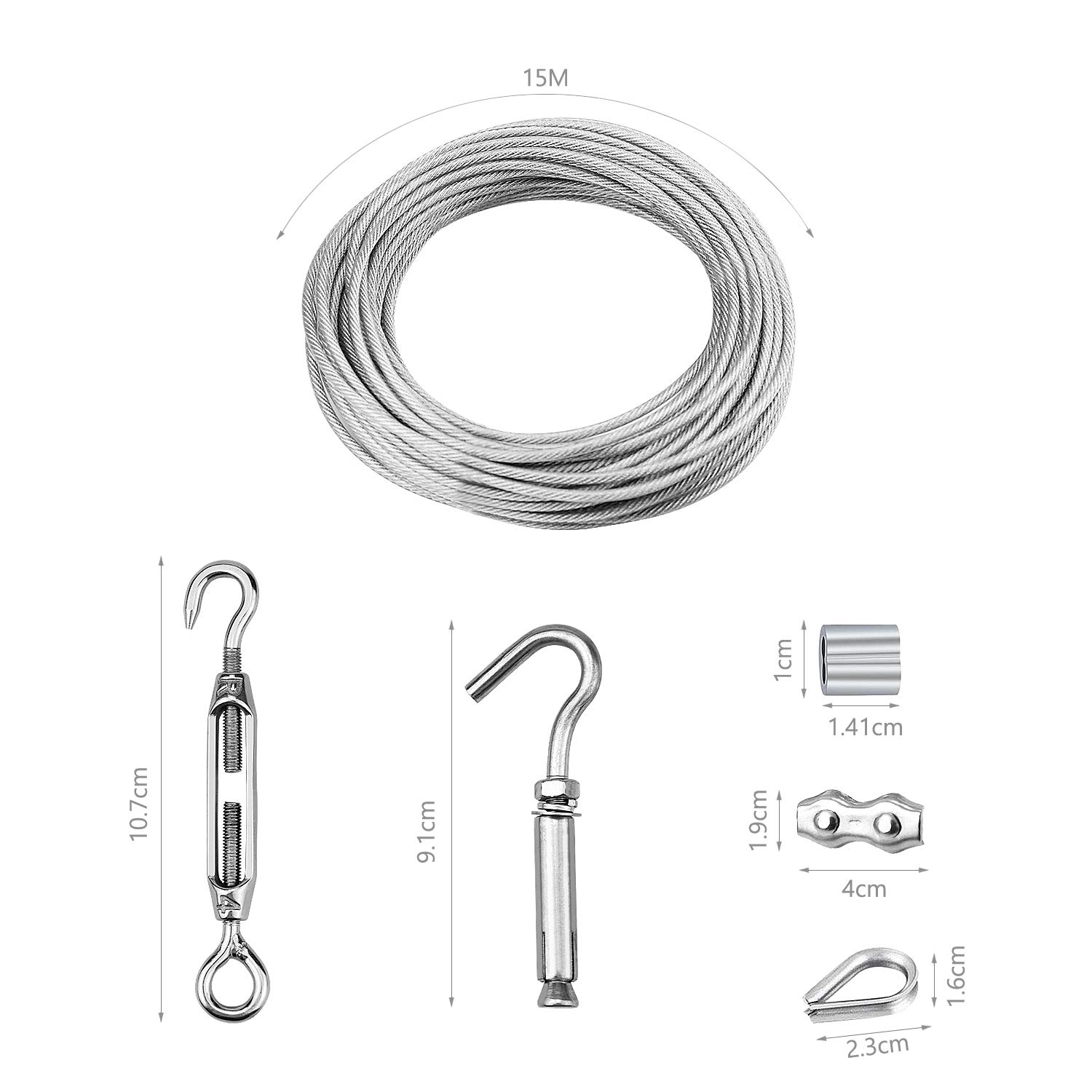 DESON Kit De Filin Inox, 15M Câble Métallique En Acier Inoxydable Avec Tendeur M4 Crochet Oeil, Dé à Coudre, Clips De Câble Métallique, Crochet D'extension, Clip De Câble Métallique