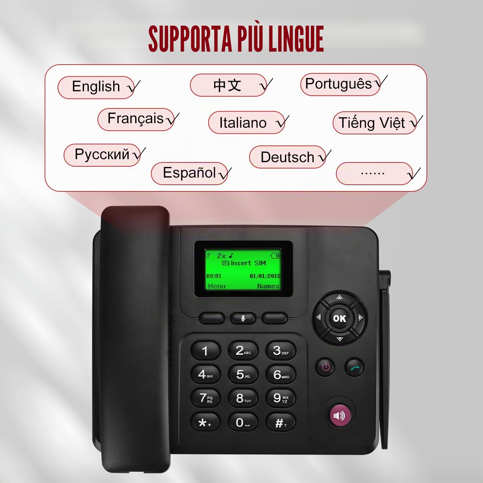Lychee 2, 3, 4G Telefono Fisso Senza Fili: Dual SIM, Multilingue (Tedesco Incluso), Grande Schermo con Retroilluminazione, Telefono da Scrivania per Ufficio, Hotel o Uso Domestico