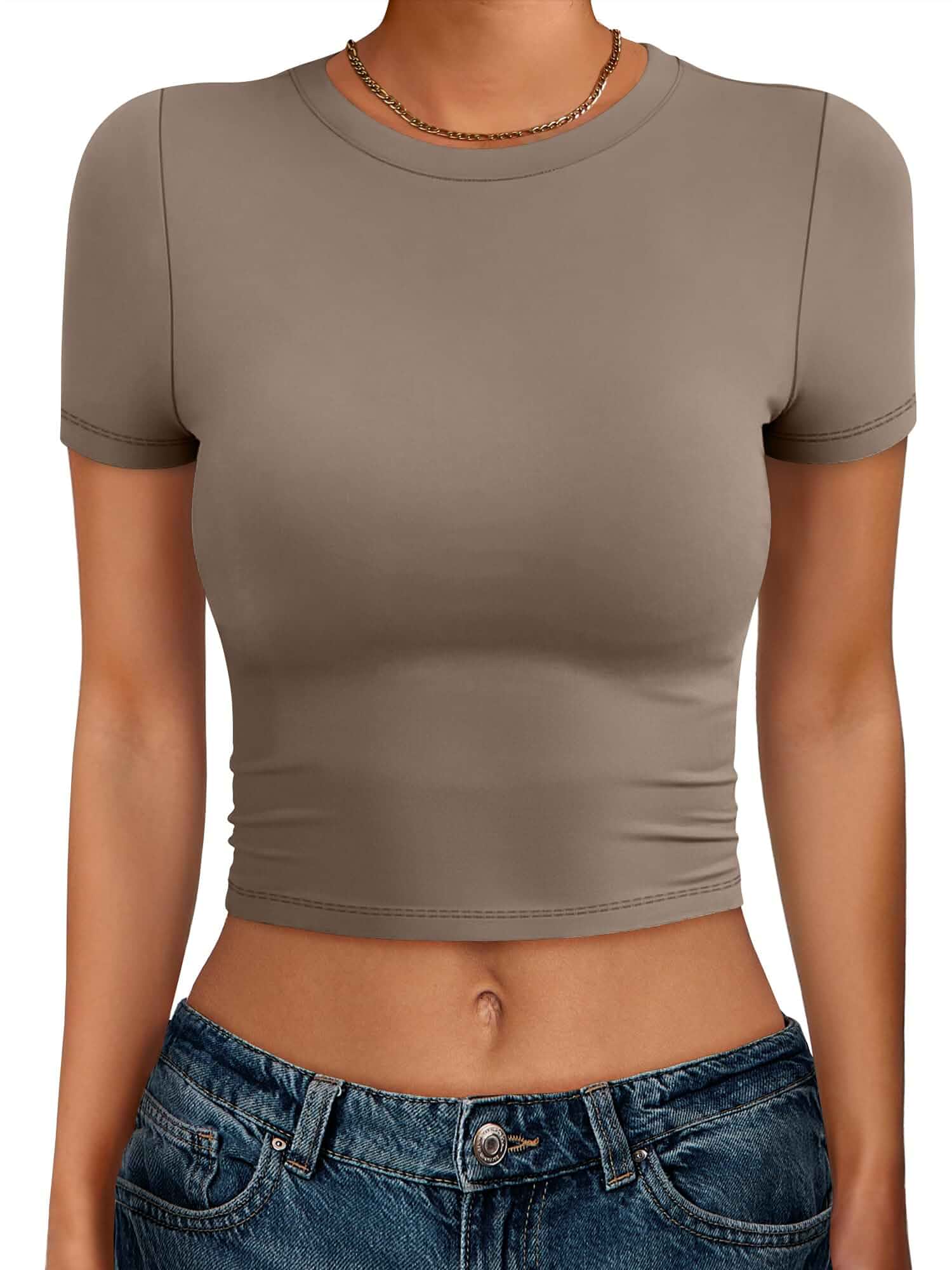 ANRABESS Women Short Sleeve Crop Tops Basic Tee Summer T Shirts Crew Neck Slim Tight Fit Tshirts，Trendy Y2k Clothing，Going Out Outfits，Soft Stretchy Modal Top，Spring Layer