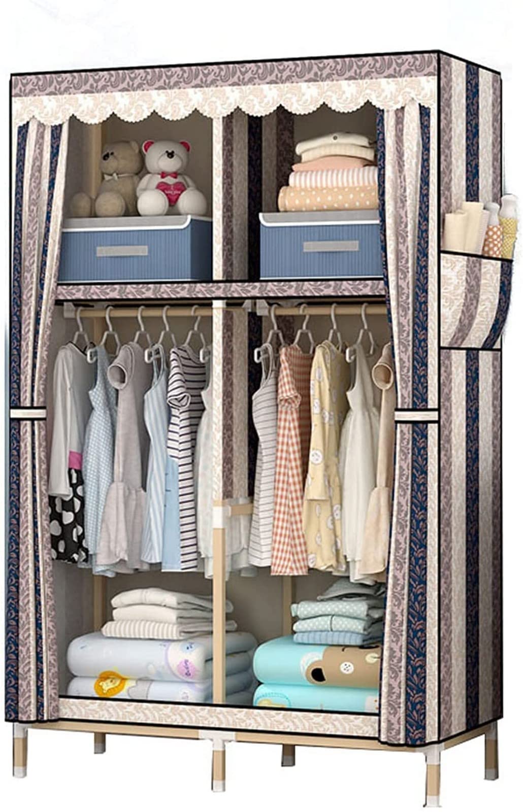 Armoire portative en tissu et bois massif avec cloison multifonction