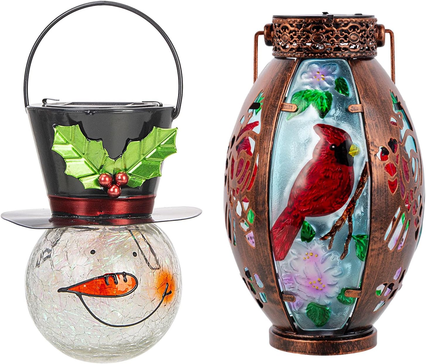 Christmas Snowman Solar Lanterns + Cardinal Solar Lanterns for Garden, Patio, Yard, Porch, Xmas Holiday Party Decor