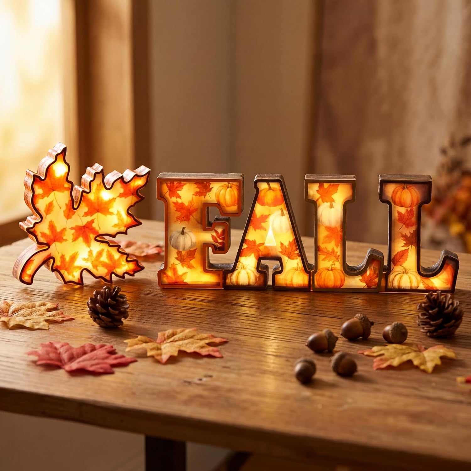 2 Pcs Fall Lighted Table Decorations Signs Wood Maple Leaves Table Centerpieces LED Rustic Autumn Harvest Farmhouse Decor for Fall Thanksgiving Party Home Kitchen Desk Shelf Fireplace Mantel