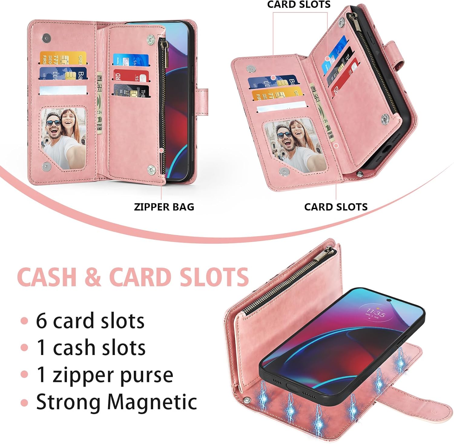 Asuwish Phone Case for Moto G Stylus 2022 4G Zipper Wallet Detachable Cell Cover with Tempered Glass Screen Protector Strap Flower Card Holder Motorola GStylus XT2211DL XT2211 Women Girls Rose Gold