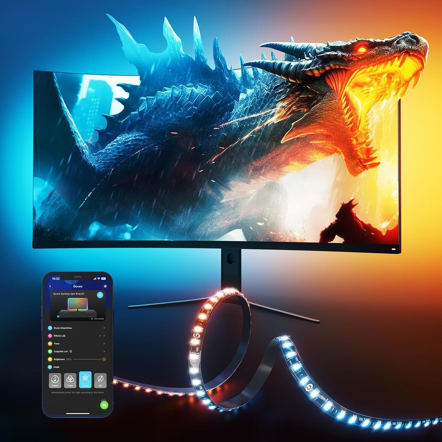 Govee Gaming Light für Monitor G1, TV LED Hintergrundbeleuchtung für 27-34 Zoll TV oder PC, Smart RGBIC Wi-Fi TV Backlight, Doppelte Lichtperlen mit 123 Szenenmodi App-Steuerung, kompatibel mit Alexa