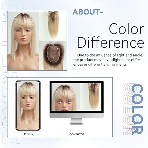 Miniatura 9 de EMMOR Pelo para mujer, 150% de densidad, cabello humano con flequillo, base de seda, tres clips, 14 pulgadas, 4# rubio claro degradado