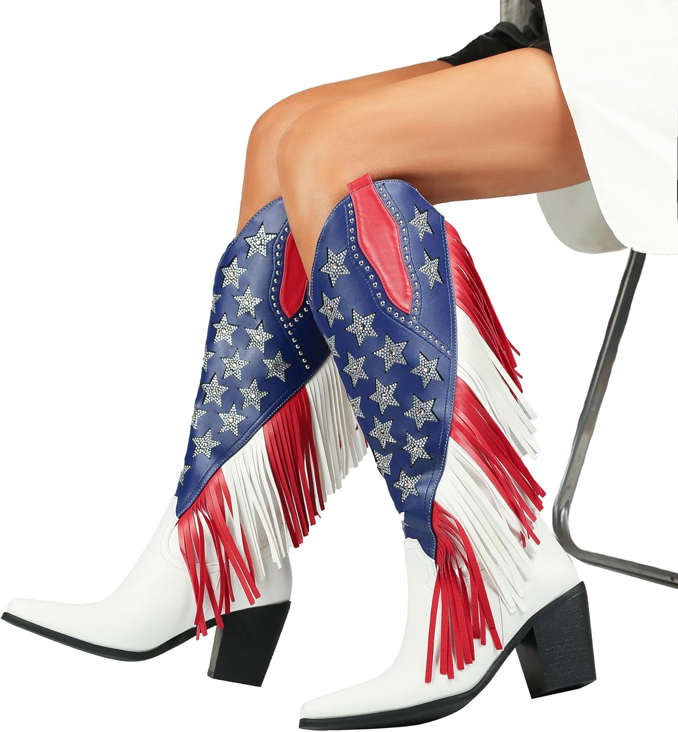 DETOGNI Women's Fringes American Flag Mid-Calf Western Boots Sparkling Stars Rhinestones Tassels Chunky Heels Cowboy Boots
