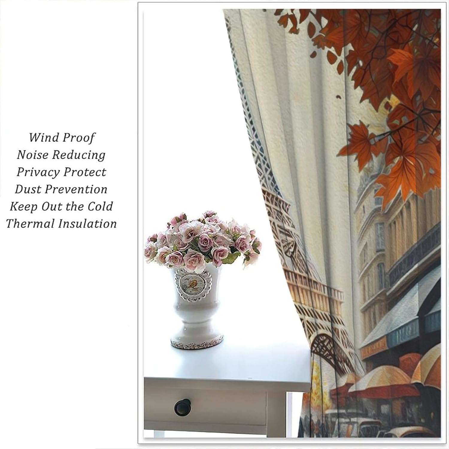 Brebasf Vintage Paris City Street Blackout Curtains for Living Room, Watercolor Oil Painting Style Eiffel Tower Fall Maple Leaves Room Darkening Window Curtains with Rod Pocket - 2 Panels 45"L x 21"W