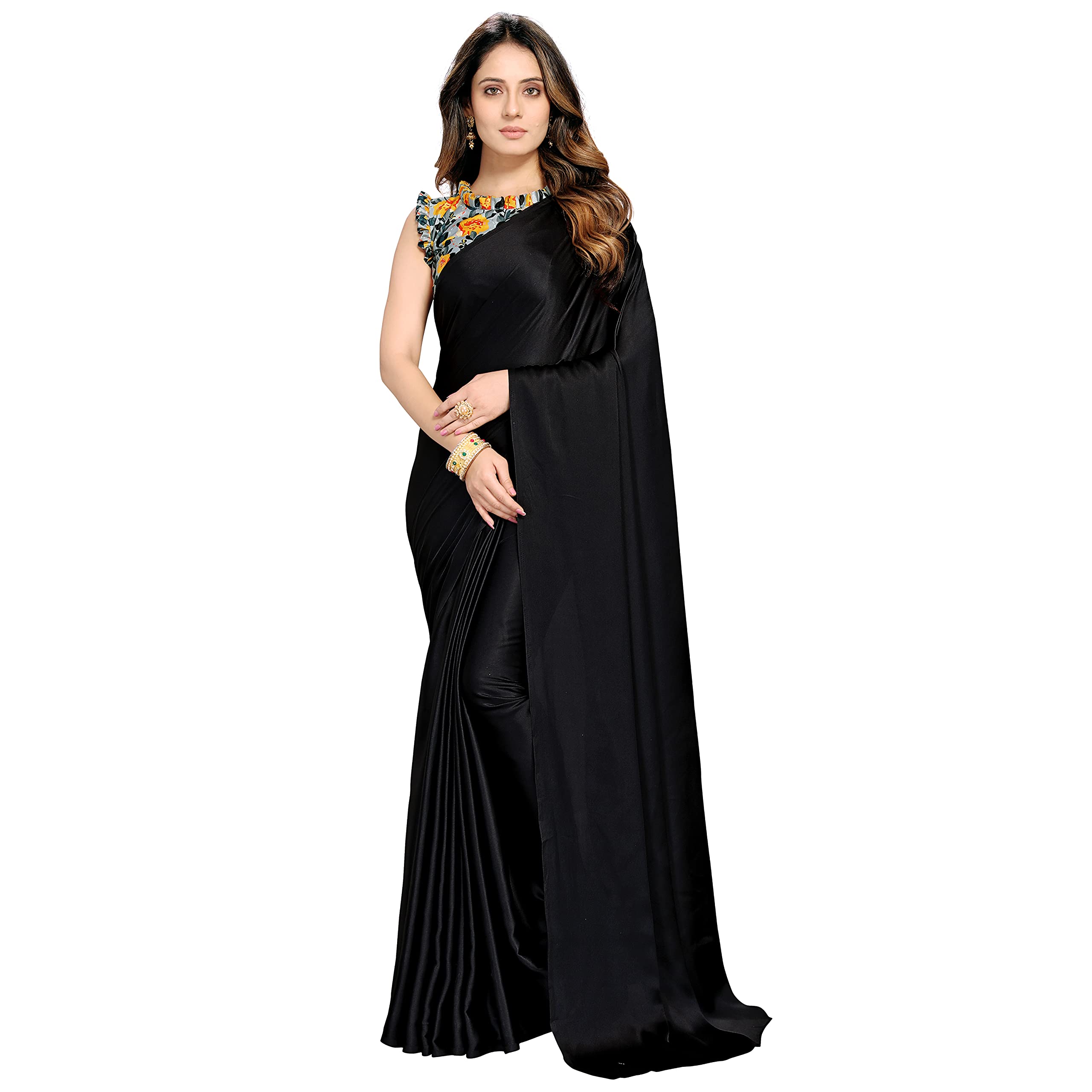 ANANT DESIGNER STUDIOwomen's Soft Satin Silk Plain Saree With Art Silk Digital Printed Unstiched Designer Blouse, Black, FREE