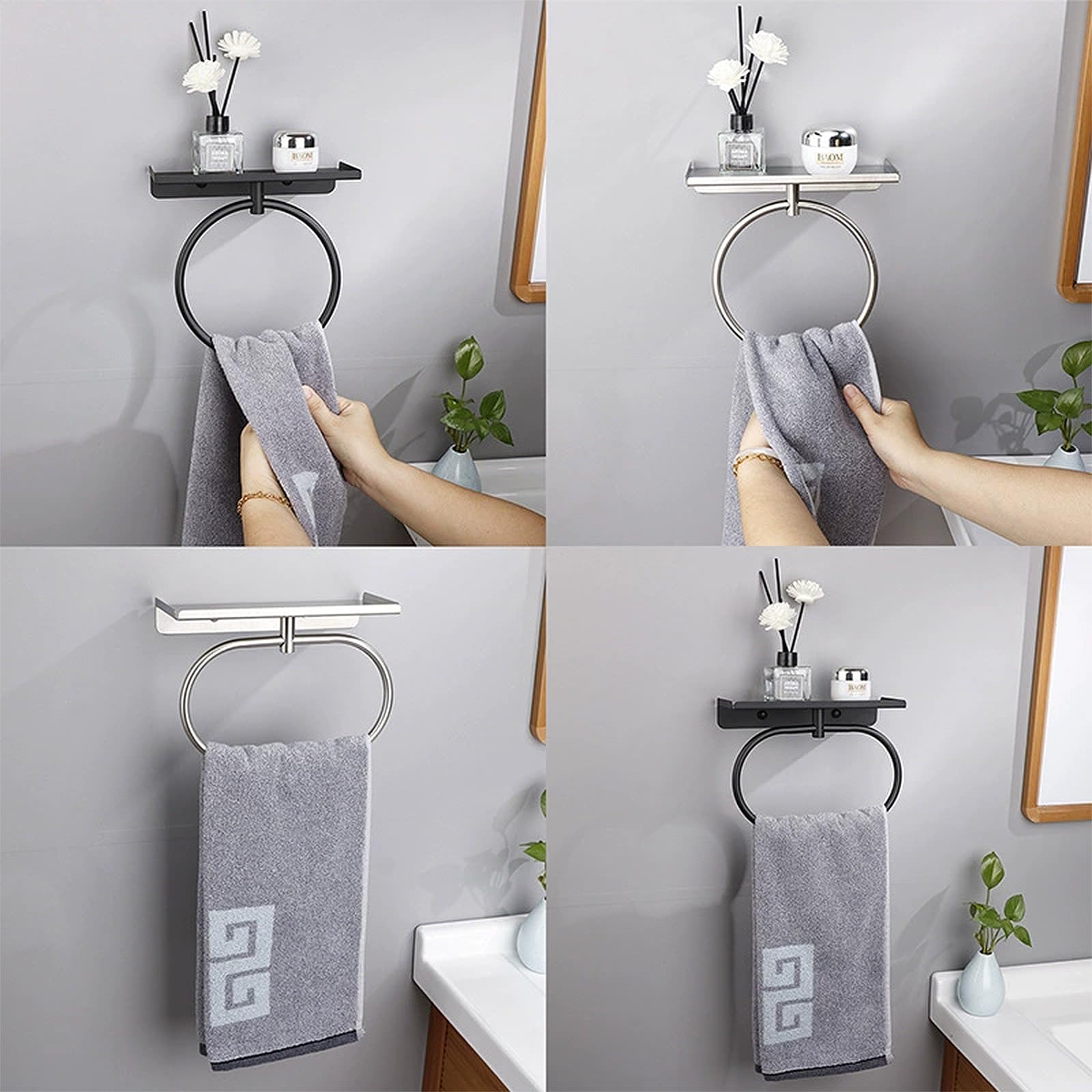 Anillo de Toalla de Acero Inoxidable 304, Toallero de Anilla Montaje en Pared, Autoadhesiva Toallero sin Taladrar, Toallero Cepillado para Baño, Cocina, Sala de Estar y Dormitorio (Plateado)