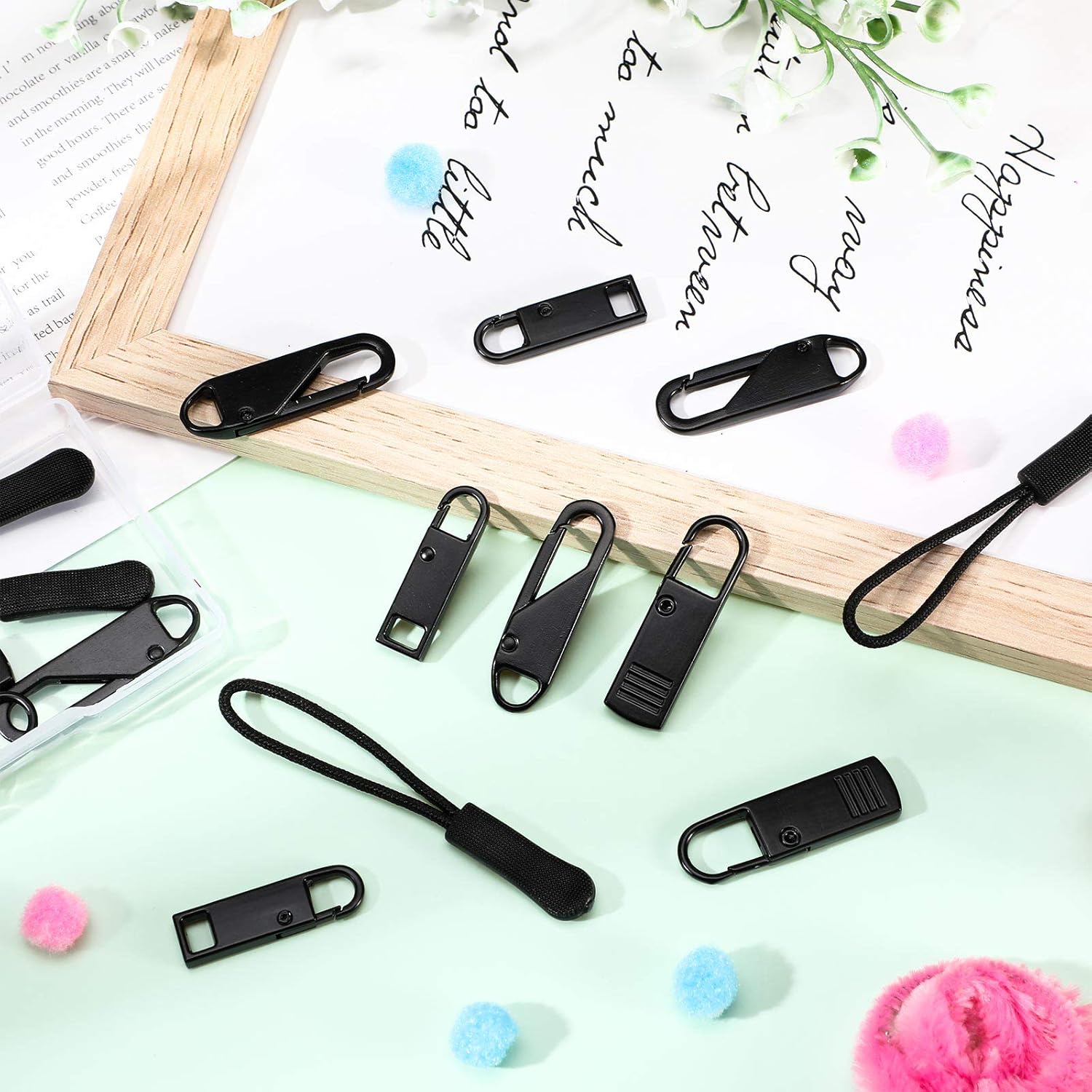 16 Pieces Zipper Pull Tab Replacement, Zipper Metal Puller Slider Zipper Extender Handle Mend Fixer Nylon Zipper Cord Pulls for Suitcases Luggage Backpacks Purses Handbags Jacket Coat Boots, Black