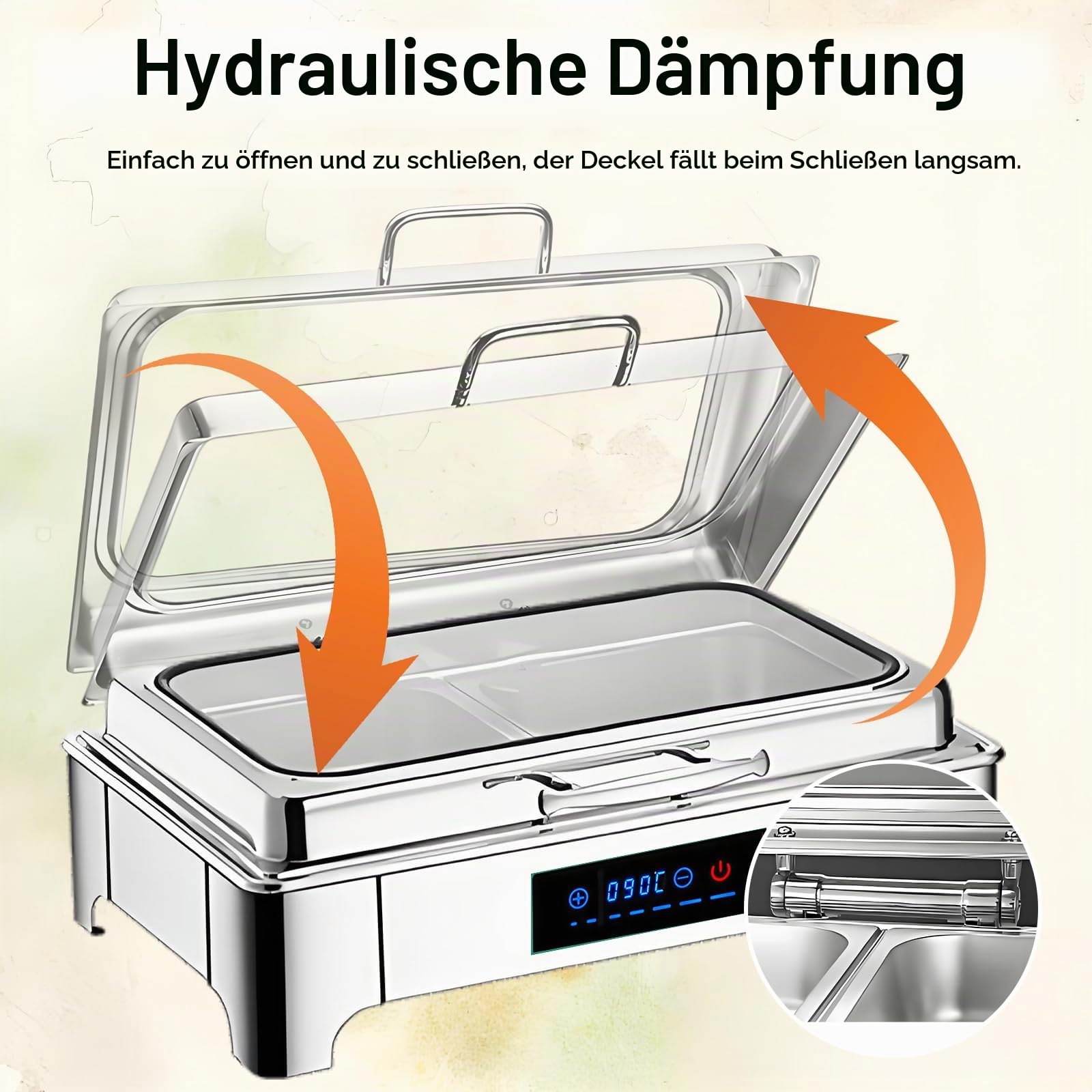 Elektrischer Chafing Dish Glasdeckel, 9L Edelstahl(1/3 Pan) | Speisewärmer Buffetwärmer Elektrisch Einstellbarer Temperatur, Warmhaltebehälter Essen Elektrisch mit Abnehmbarer Heizplatte