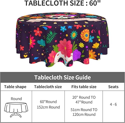 Miniatura 4 de Pubnico Dia De Los Muertos - Mantel redondo de calavera para cocina, picnic, lavable, para comedor, fiesta de cumpleaños, manteles reutilizables