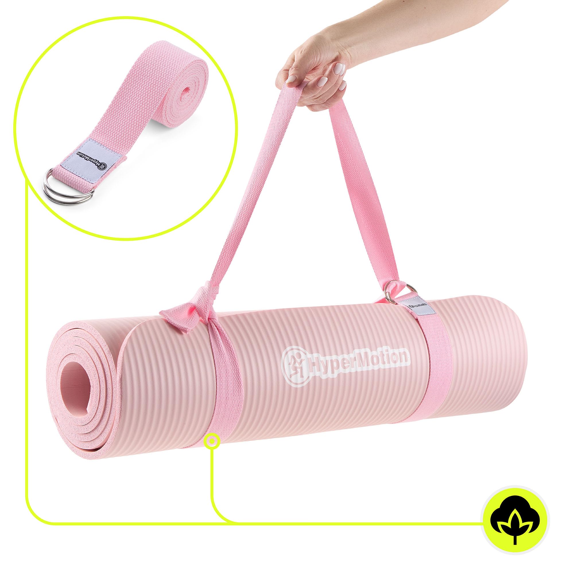 HyperMotion Mata do Ćwiczeń Fitness i Jogi NBR 183x61x0,8 cm Różowa, Antypoślizgowa, 8 mm, z Paskiem do Ćwiczeń i Przenoszenia, do Jogi, Pilatesu i Stretchingu