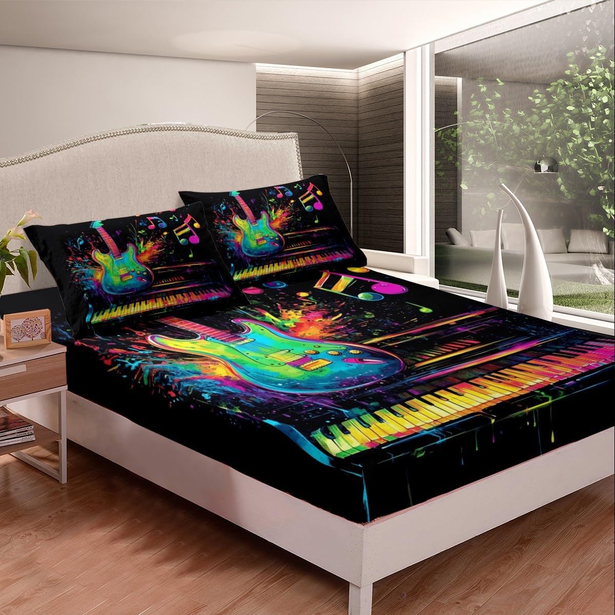 Neon Guitar Piano Fitted Sheet Queen Size Artistic Music Notes Bedding Set 3Pcs(No Flat Sheet) Watercolor Neon Tie Dye Bed Sheet for Boys Teens Room Decor Musical Instrument Deep Pocket Sheet