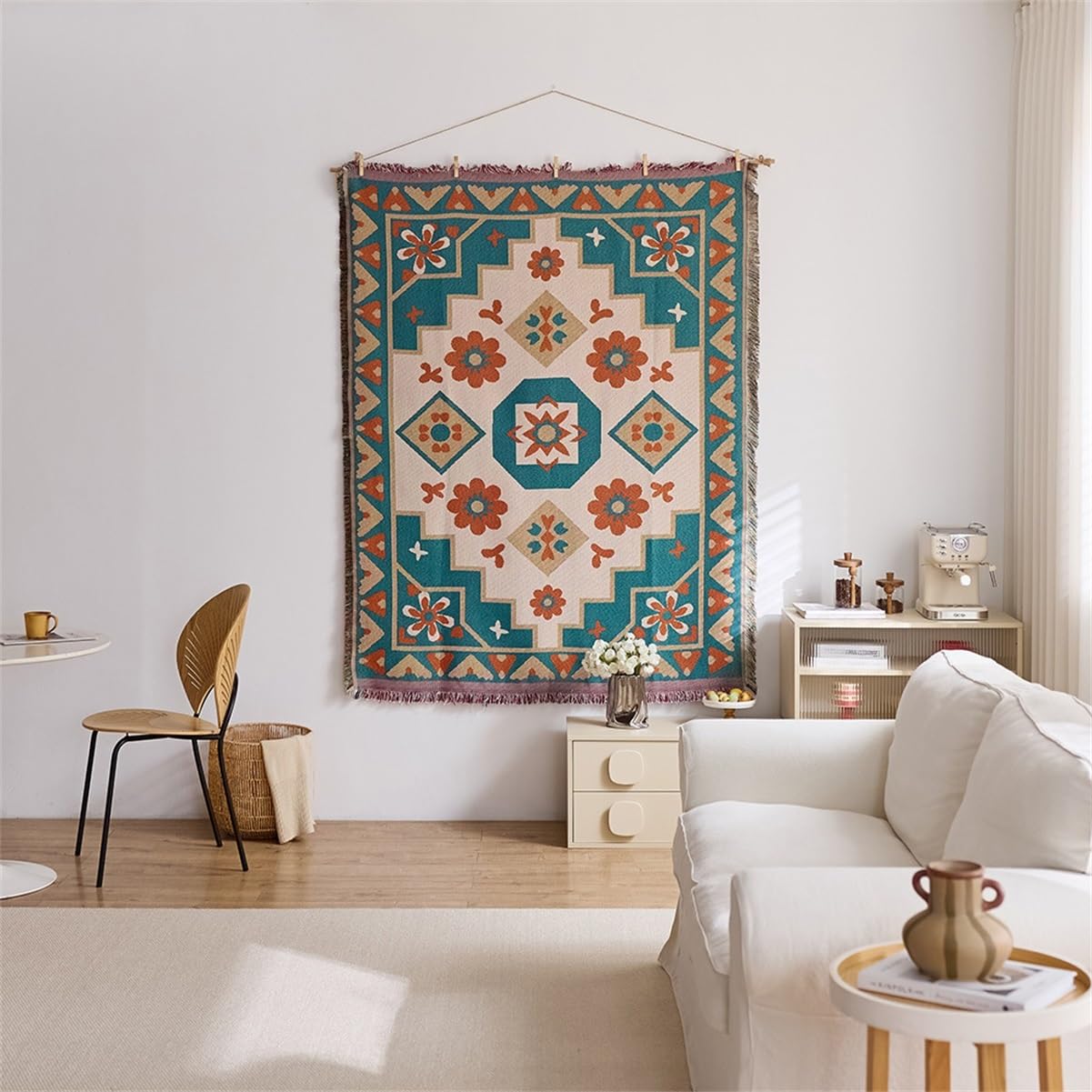 Artystyczny gobelin wiszący na ścianie, kwiatowy geometryczny tkany frędzle wystrój, koc z tkaniny vintage do sypialni salonu tło świąteczne, 130 x 180 cm