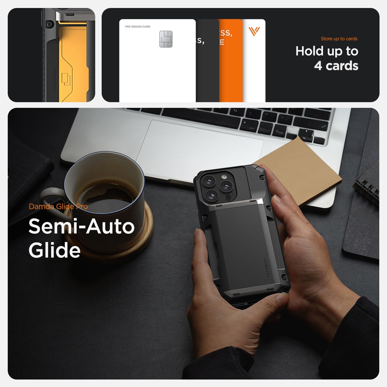 VRS DESIGN Damda Glide Pro Card Holder Case for iPhone 16 Pro Max (2024), Sturdy Semi Auto Card Slot Wallet [4 Cards] Case Designed for iPhone 16 Pro Max (2024) Liberty Black - Image 4