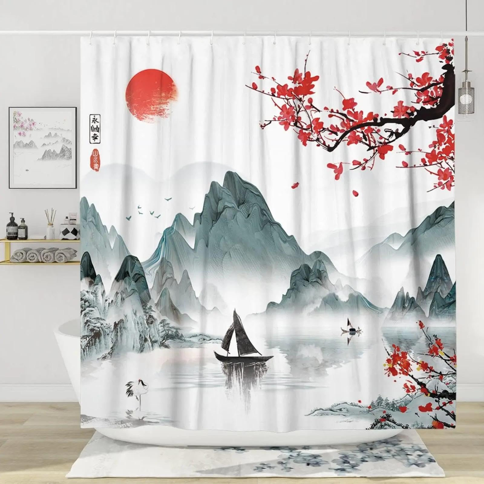 Rideau de douche anti-moisissure paysage chinois rideau de bain épais étanche 91x213