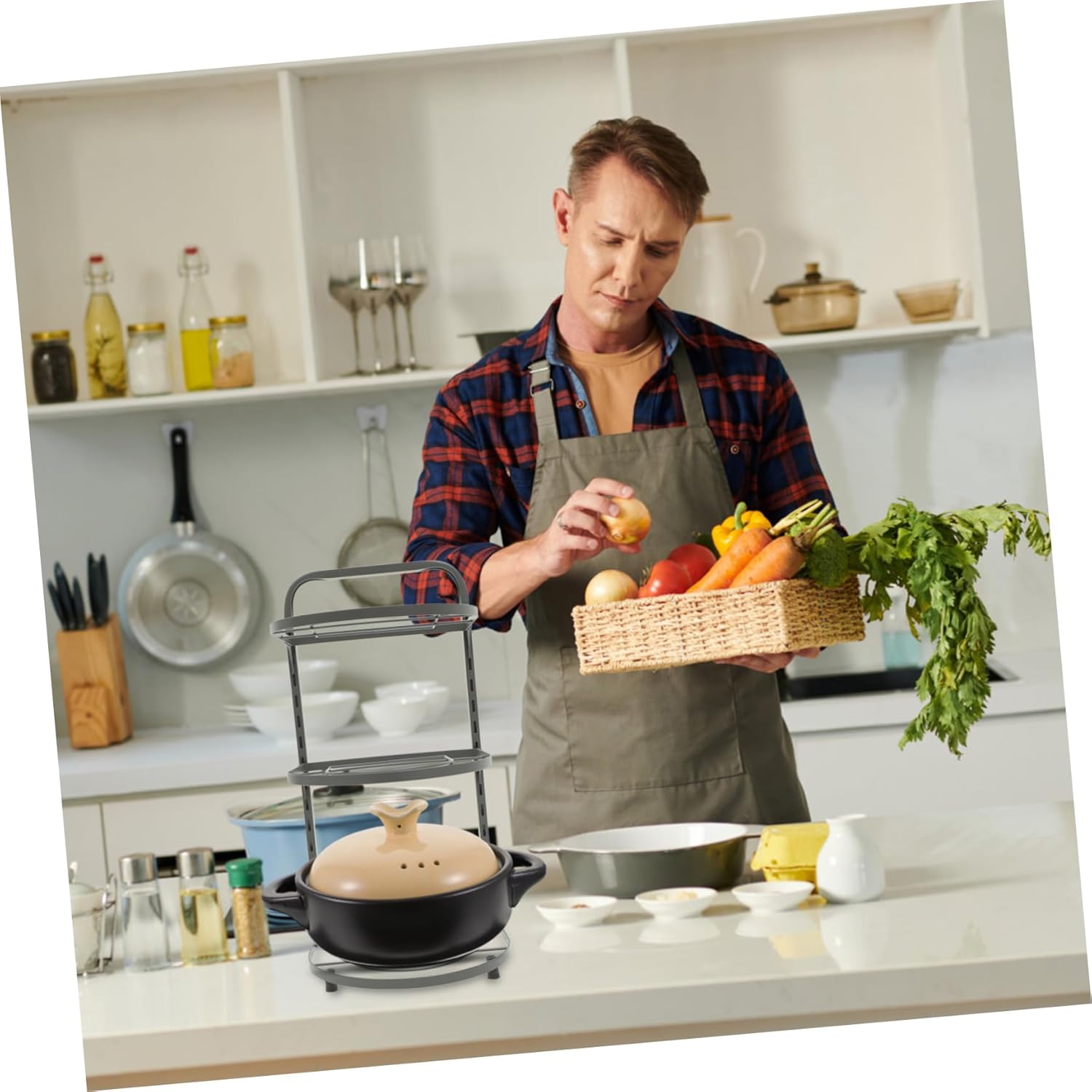 Heavy Duty Foldable Kitchen Pot Rack Multi Layer Organizer for Efficient Under Sink Storage Grey Design for Various Cookware Types Space Saving Kitchen