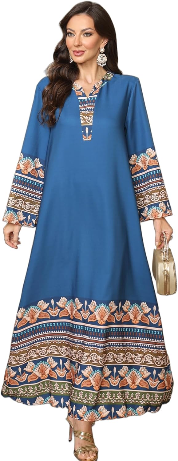 Muslim Moroccan Kaftan Abaya for Women with Floral Border Print Dubai Robe Ramadan Prayer Dress Islamic Traditional Wear
