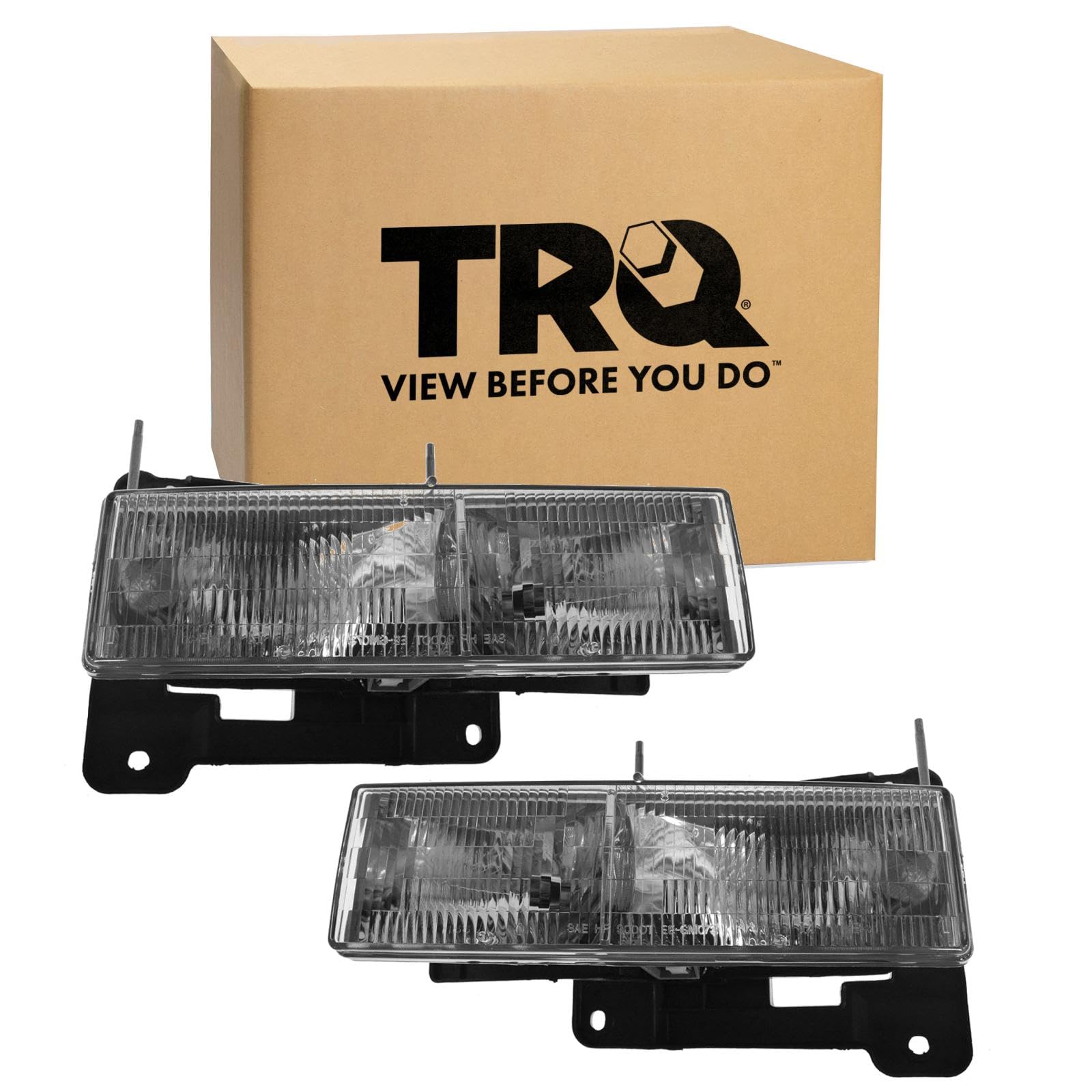 TRQ 2 Piece Headlight Assembly Set Halogen Chrome Bezel Driver &amp; Passenger Side Compatible with Chevrolet Chevy GMC C1500 K1500 1990-1999 C2500 K2500 1990-2000 C3500 1990-2002 K3500 1990-2000