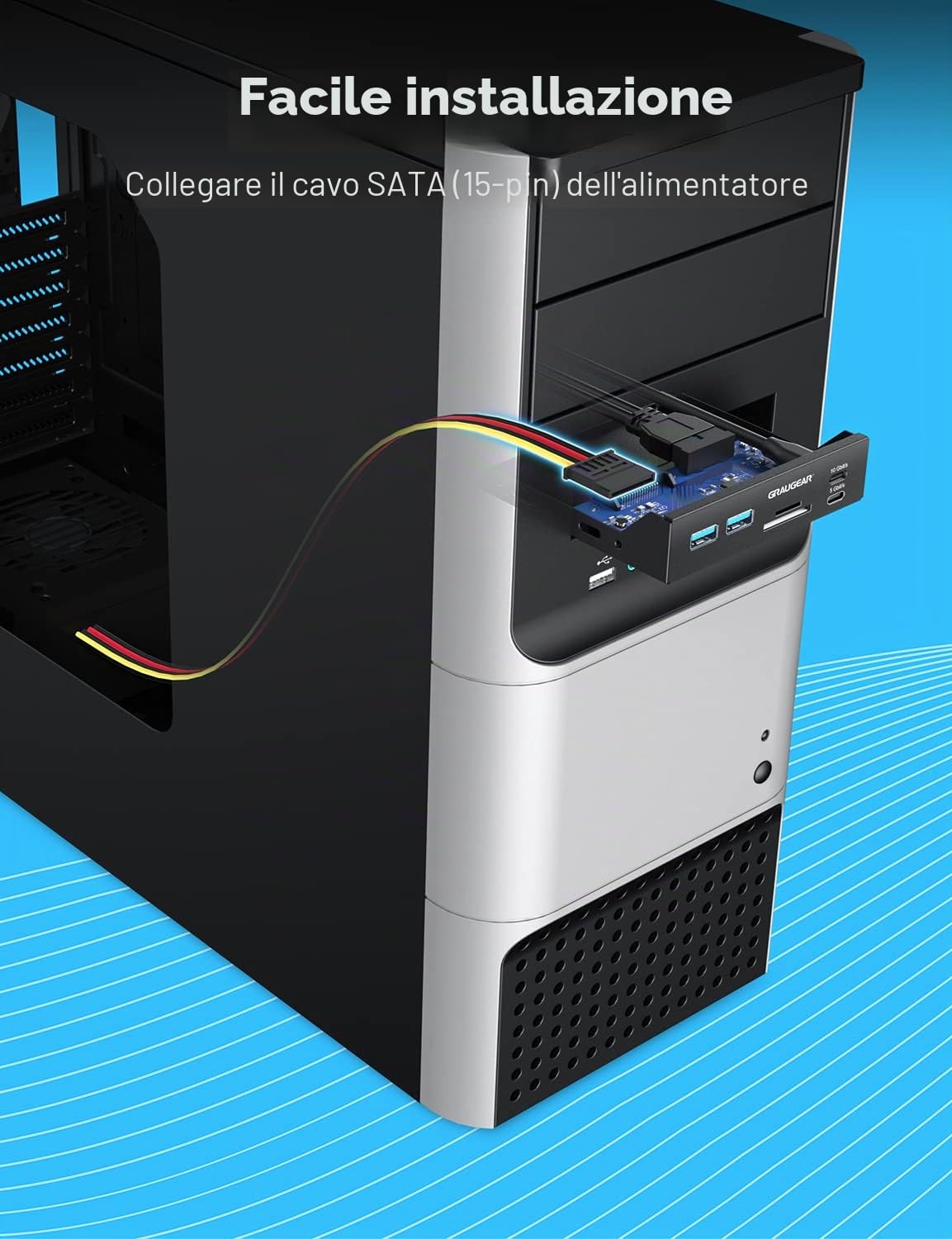 GRAUGEAR | Multi piastra frontale | 2xUSB-C e 2xUSB-A HUB | lettore di schede SD/Micro SD | Typ-C USB 3.2 Gen2 2x2 20/Gbps | 6 interfacce frontali per 3,5 pollici |19-pin e A-Key 20-pin | G-MP01CR