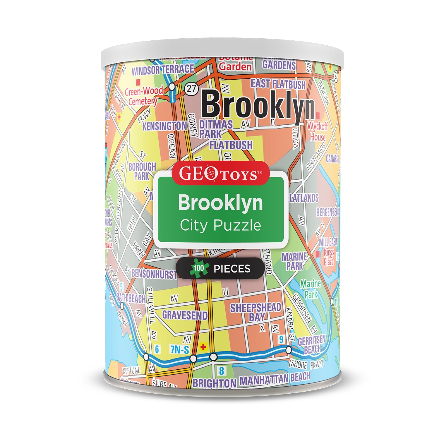 Geotoys Brooklyn Mini Puzzle - 100 Piece Puzzles for Kids and Adults in Portable Can, 13" x 10" Educational Travel Puzzle for Ages 7 and Up - Mini