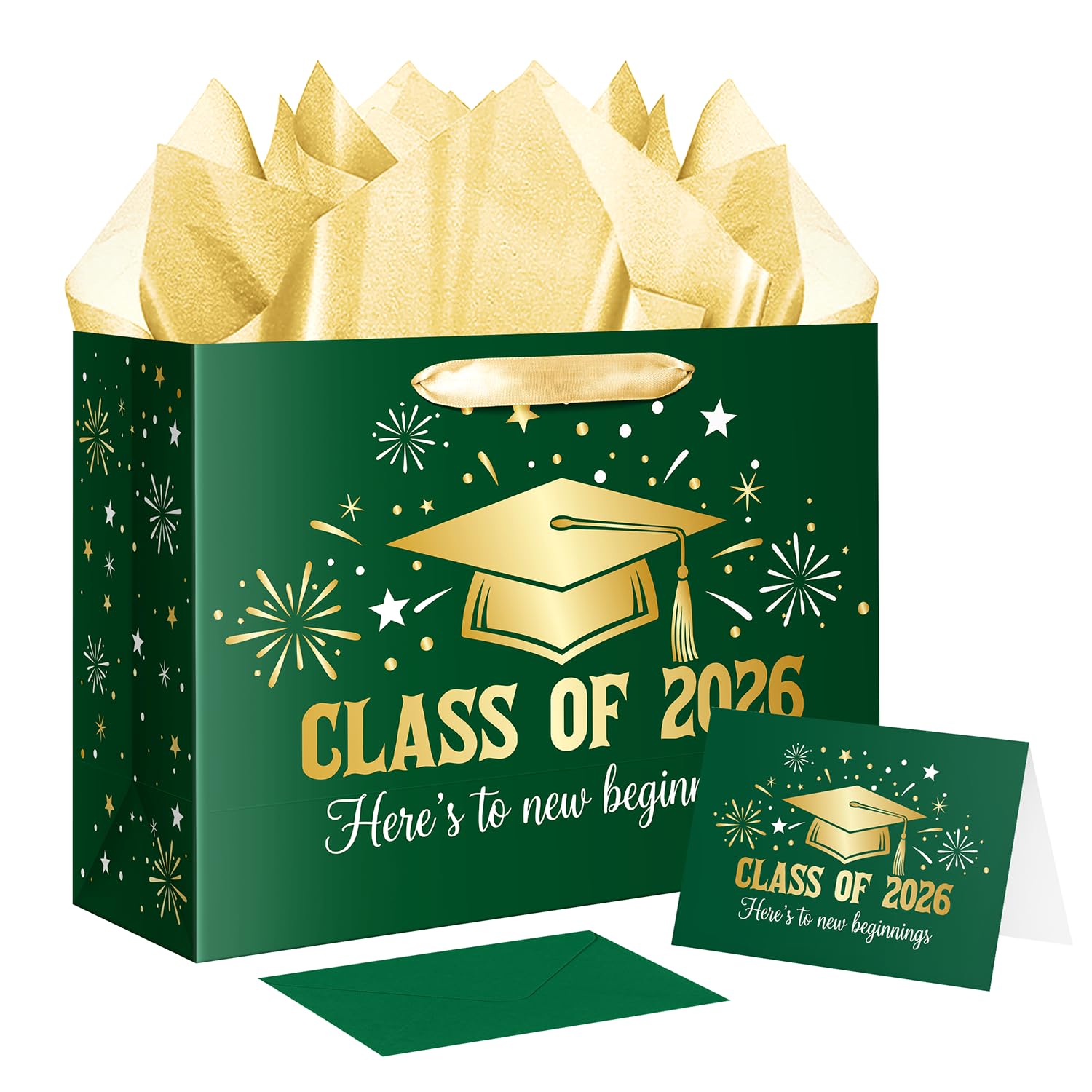 JWSCYSY Large Green Graduation Gift Bag, Class of 2026 Gift Bag with Tissue Paper and Card for College Graduation Season Theme Party Decor Supplies.