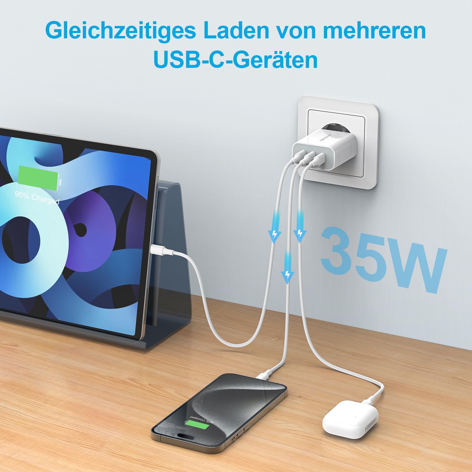 Bwine 65W USB-C Reise-Ladegerät Mit 3 Anschlüssen – Inkl. UK/EU-Adapter, 1,2m Kabel, Für Laptop, IPhone, IPad