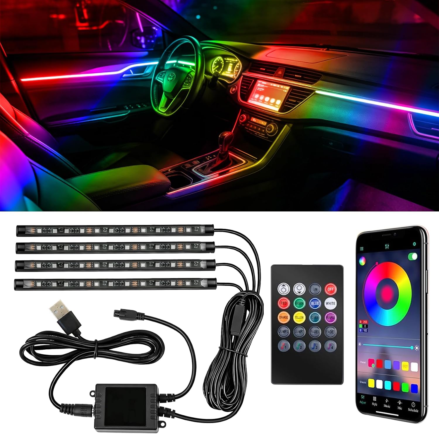 Car Interior Lights, Car Led Lights Interior, 5V 48 LED Strip Lights with USB Adapter, Auto App & Remote Control RGB Smart Music Sync Color Change Lighting for Women Men (USB, 48LED Beads)