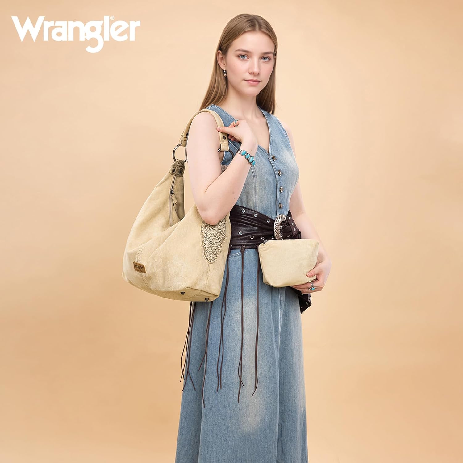 Wrangler Suede Hobo Purse for Women Embossed Soft Slouchy Shoulder Bag 2Pcs Set - Image 2