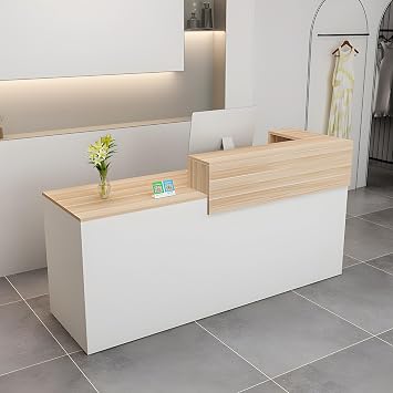 Modern Reception Desk with Drawer & Open Shelves, 39-95 Inch Front Counter Table, Computer Workstation Suitable for Salons, Offices, Lobbies, Retail Stores and Home Offices