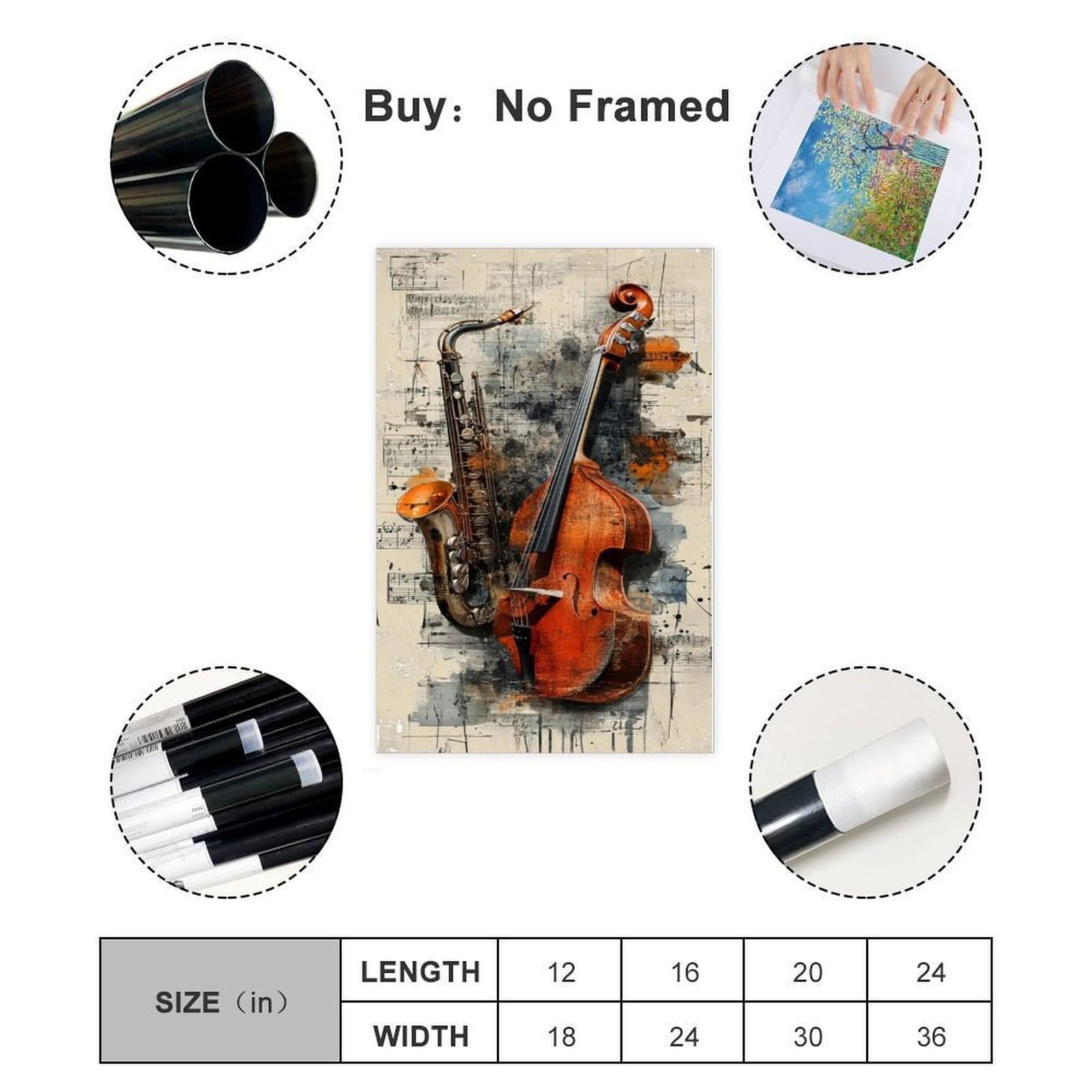 Poster su tela a tema musica jazz sinfonia sassofono e violoncello, decorazione artistica da parete per soggiorno, camera da letto, decorazione, 61 cm di lunghezza x 91,4 cm di larghezza