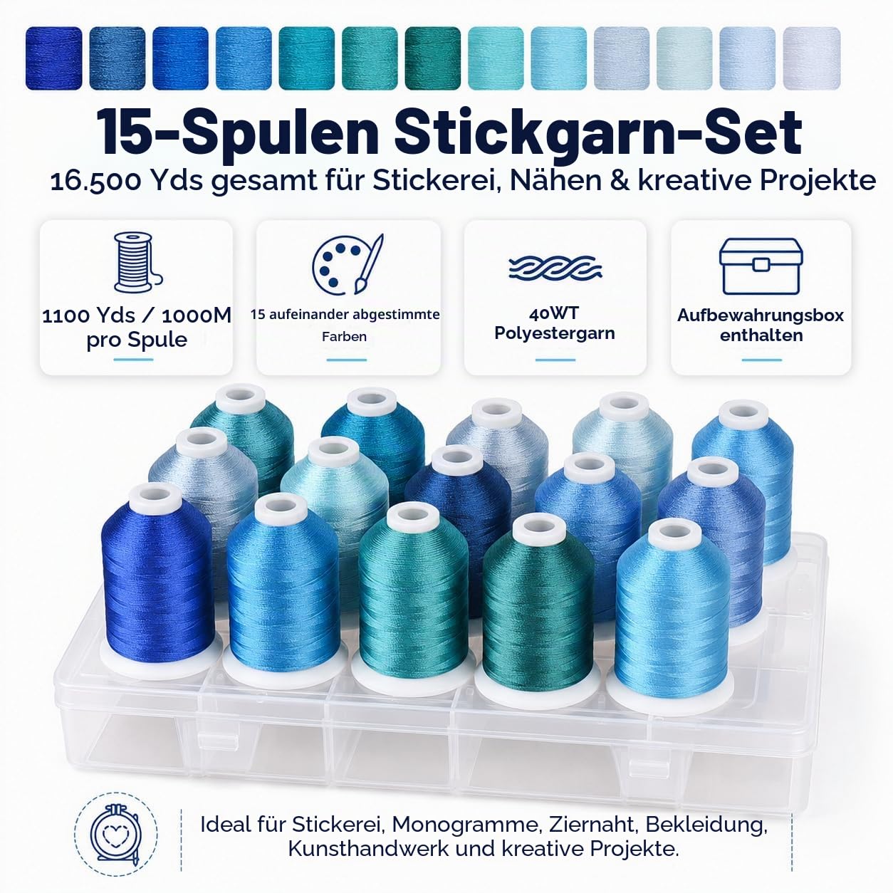 Simthread Maschinenstickgarn mit Aufbewahrungsbox, Polyester, 15 Spulen, Set für Stickerei, Nähmaschine (blau)